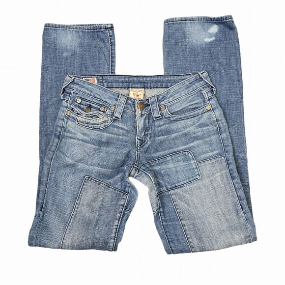 Y2K Vintage True Religion Women's 27 Billy Denim Patchwork Straight Leg Jeans - Picture 2 of 15